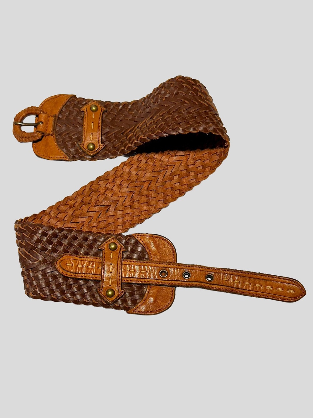 French Connection Wide Woven Leather Belt Reddish Brown Boho Cowgirl Western M
